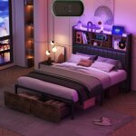 Lit double capitonn� 140x200 avec sommier lit adulte avec led et usb lit rembourr� avec 2 tiroirs de ...