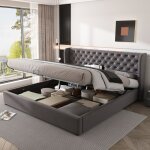 Lit double capitonn� 160 x 200 cm avec compartiment de rangement hydraulique coutures boutonn�es tissu ...