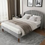 Lit adulte capitonn� - langtu - 160 x 200 cm - velours gris - sommier � lattes - t�te de lit rembourr�e ...