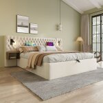 Lit double capitonn� avec 2 tables de chevet 160 x 200 cm lit coffre avec lampe de lecture charge usb ...