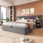 Lit double capitonn� avec 2 tables de chevet 160 x 200 cm lit coffre avec lampe de lecture charge usb ...