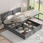 Lit double coffre 140x190 cm lit relevable hydraulique - t�te de lit r�glable en hauteur design rayures ...