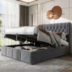 Lit double coffre - 140x190 cm - velours gris - t�te capitonn�e rivets - sommier � lattes