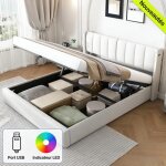 Lit double coffre 180 x 200 avec t�te r�glable (0 � 30�) - usb - rev�tement pu blanc sommier � lattes ...