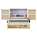 Lit double escamotable 140x200cm mural vertical lattes tiroirs rangement design rotin bois coloris bois ...