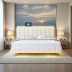 Lit double flottant - 160x200 cm - avec �clairage led - en tissu lin beige - cadre suspendu design �l�gant ...
