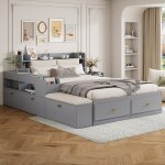 Lit double gris 140�200 cm avec sommier inclus t�te de lit rembourr�e et rangement int�gr�