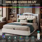 Lit double hydraulique 160x190cm beige velours - rangement t�te et coffre - led ports usb / type - c ...