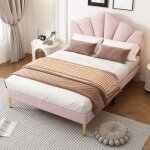 Lit double maisentiel 140x190 cm velours rose - t�te coquillage r�glable pieds fer dor� sommier � lattes ...