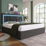 Lit double maisentiel 140x200 cm lin gris led int�gr� usb type - c t�te r�glable et coffre de rangement ...