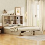 Lit double maisentiel 160x200 cm bois naturel avec t�te � rangement 6 �tag�res 2 tiroirs et port usb ...