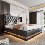 Lit double maisentiel 160x200 cm pu noir t�te capitonn�e coffre hydraulique led 3 c�t�s ports usb et ...