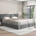 Lit double maisentiel 180x200 cm velours gris capitonn� t�te r�glable et coffre hydraulique