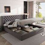 Lit double maisentiel 180x200 cm velours gris - style chesterfield capitonn� t�te 99 cm et coffre hydraulique ...