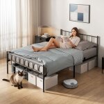 Lit double en m�tal 140 � 190 cm cadre de lit adult avec t�te de lit et rangement 14 lattes m�talliques ...