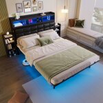 Lit double en m�tal 140x190 cm lit capitonn� avec �clairage led rangements int�gr�s t�te de lit 2 tables ...