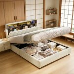 Lit double moderne 140 x 190 cm structure de lit sommier tapissier t�te de lit avec led et usb lit coffre ...