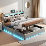 Lit double - lit pneumatique 160x200 cm - velours gris capitonn� - coffre � v�rins hydraulique - led ...