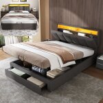 Lit double - ravas - 140 x 190 cm - avec �clairage led - 2 tiroirs - t�te de lit r�tractable en mousse ...