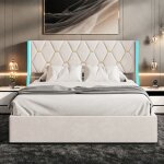 Lit double rembourr� 140x190 avec coffre t�te r�glable led et sommier lattes. cadre en velours avec rangement ...