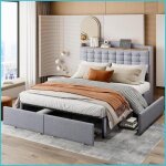 Lit double rembourr� 140x200 cm - table de chevet int�gr� usb + 4 tiroirs - lin gris