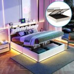 Lit coffre 140 x 200 cm lit rembourr� avec t�te de lit conteneur et led et usb lit double avec sommier ...