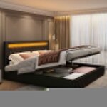 Lit double rembourr� 160 x 200 cm avec �clairage led lit coffre avec sommier � lattes et rangement tissu ...