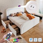 Lit double lit rembourr� 160 x 200 cm avec fonction de chargement usb type c led et 4 tiroirsblanc sans ...