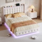 Lit double rembourr� 160x200 cm avec sommier led et usb cadre de lit flottant avec t�te de lit capitonn�e ...