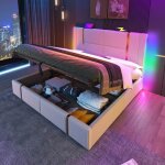 Lit double rembourr� 180 x 200 cm avec multicolore led et charge usb type c lit coffre avec rangement ...