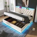 Lit double rembourr� - 180x200 cm - blanc - �clairage led 360� - charge usb type - c
