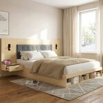 Lit double avec tables de chevet - t�te de lit rembourr�e - lampes de lecture et usb / type - c - rangement ...