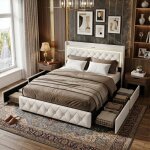 Lit double avec tiroirs - 140 x 190 cm - �clairage led ports usb & type - c - t�te de lit rangement - ...