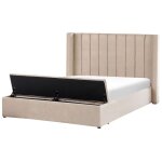 Lit double en velours beige avec banc coffre 160 x 200 cm noyers