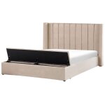 Lit double en velours beige avec banc coffre 180 x 200 cm noyers