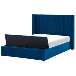 Lit double en velours bleu avec banc coffre 140 x 200 cm noyers