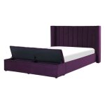 Lit double en velours violet avec banc coffre 140 x 200 cm noyers Lit double en velours violet avec banc coffre 140 x 200 cm noyers