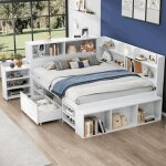Lit enfant 140 x 190 cm lit simple avec tiroirs et �tag�res grand espace de rangement sommier � lattes ...