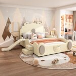 Lit enfant 140 x 200 cm motifs ourson beige avec toboggan et �chelle sommier inclus (sans matelas)
