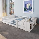 Lit enfant 140x190 cm avec barri�res de s�curit� et compartiments ouverts cadre pin mdf blanc sans matelas ...