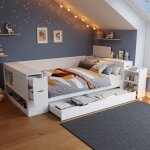 Lit enfant 140x190 cm - modernluxe - avec tiroirs - espace de rangement - mdf - 254x145x60 cm - blanc ...
