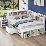 Lit enfant 140x190 cm multifonctionnel avec tiroirs �tag�res et sommier � lattes - grand rangement - ...