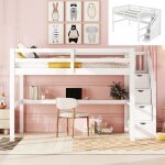 Lit mezzanine enfant 140x200 cm avec tiroirs de rangement et bureau sous le lit blanc