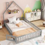 Lit enfant 140x200cm - s�curit� garde - corps int�gral - bois de pin - forme chemin�e - style moderne ...