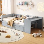 Lit enfant 90�200 cm avec lit gigogne bureau int�gr� et 3 �tag�res pin mdf gris sans matelas