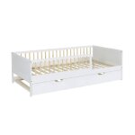 Lit gigogne enfant 90 x 190 cm pin naturel avec sommier � lattes et tiroir blanc - elio