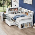 Lit enfant 90 x 190 cm lit simple avec tiroirs �tag�res de rangement sommier � lattes sans matelas - ...