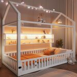 Lit enfant 90 x 200 cm lit plateforme maison avec barri�re et �clairage led blanc