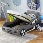 Lit enfant 90 x 200cm lit 1 personne modle de lit de voiture avec espace de rangement sous le lit gris ...