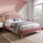 Lit enfant 90x190 cm lit simple cadre de lit avec led t�te de lit r�glable rembourr� velours rose sans ...